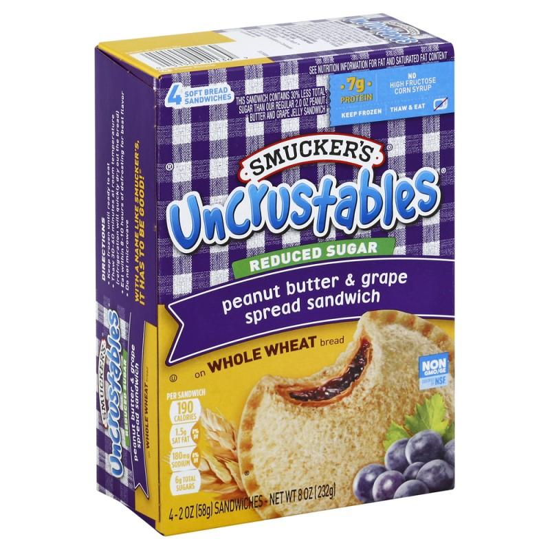 Smuckers Reduced Sugar Peanut Butter & Grape Spread Sandwich on Wheat 4 ct