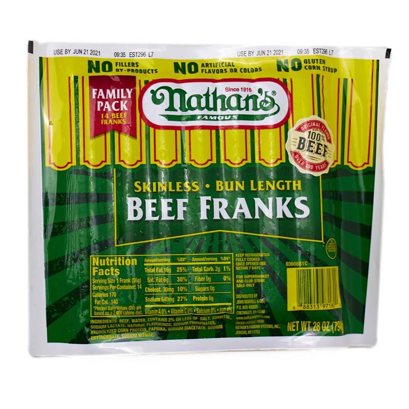 Nathan’s Bun Length Skinless Beef Franks 28 oz