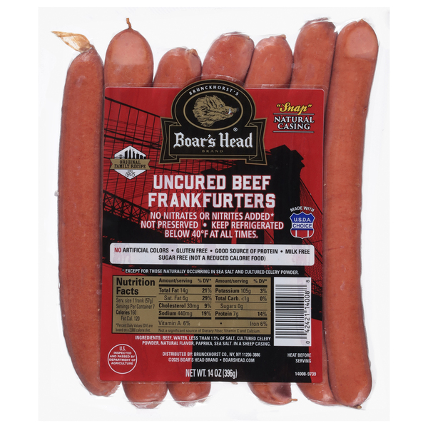 Boar's Head Uncured Beef Frankfurters with Natural Casing 12 oz