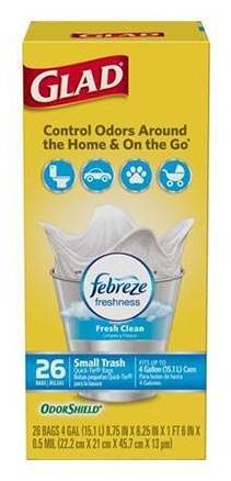 Glad Small Quick Tie Trash Bags with Febreze Fresh Clean Scent (4 Gallons) 26 ct