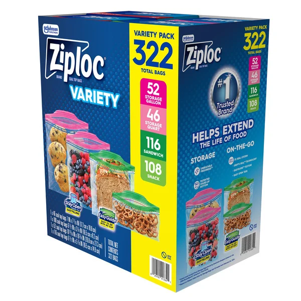 Ziploc Variety Pack Gallon, Quart, Sandwich, Snack 322 ct